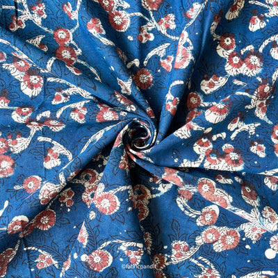Fabric Pandit Fabric Indigo Blue & Red Daisy Garden Hand Block Printed Pure Cotton Linen Fabric (Width 42 inches)