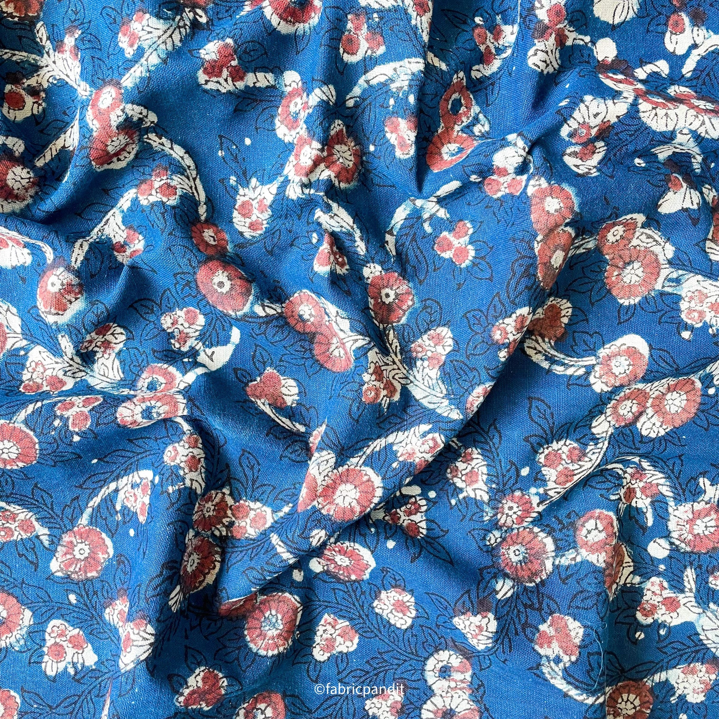 Fabric Pandit Fabric Indigo Blue & Red Daisy Garden Hand Block Printed Pure Cotton Linen Fabric (Width 42 inches)