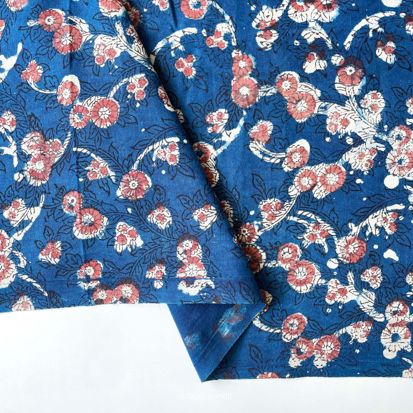 Fabric Pandit Fabric Indigo Blue & Red Daisy Garden Hand Block Printed Pure Cotton Linen Fabric (Width 42 inches)