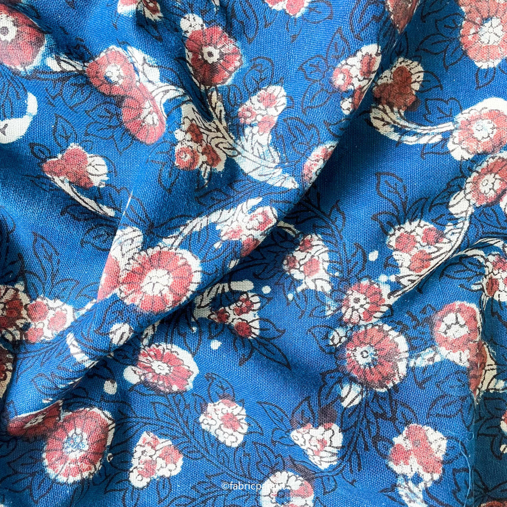 Fabric Pandit Fabric Indigo Blue & Red Daisy Garden Hand Block Printed Pure Cotton Linen Fabric (Width 42 inches)