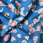Fabric Pandit Fabric Indigo Blue & Red Daisy Garden Hand Block Printed Pure Cotton Linen Fabric (Width 42 inches)