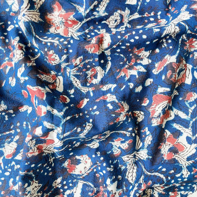 Fabric Pandit Fabric Indigo Blue & Red Egyptian Floral Garden Hand Block Printed Pure Cotton Linen Fabric (Width 42 inches)