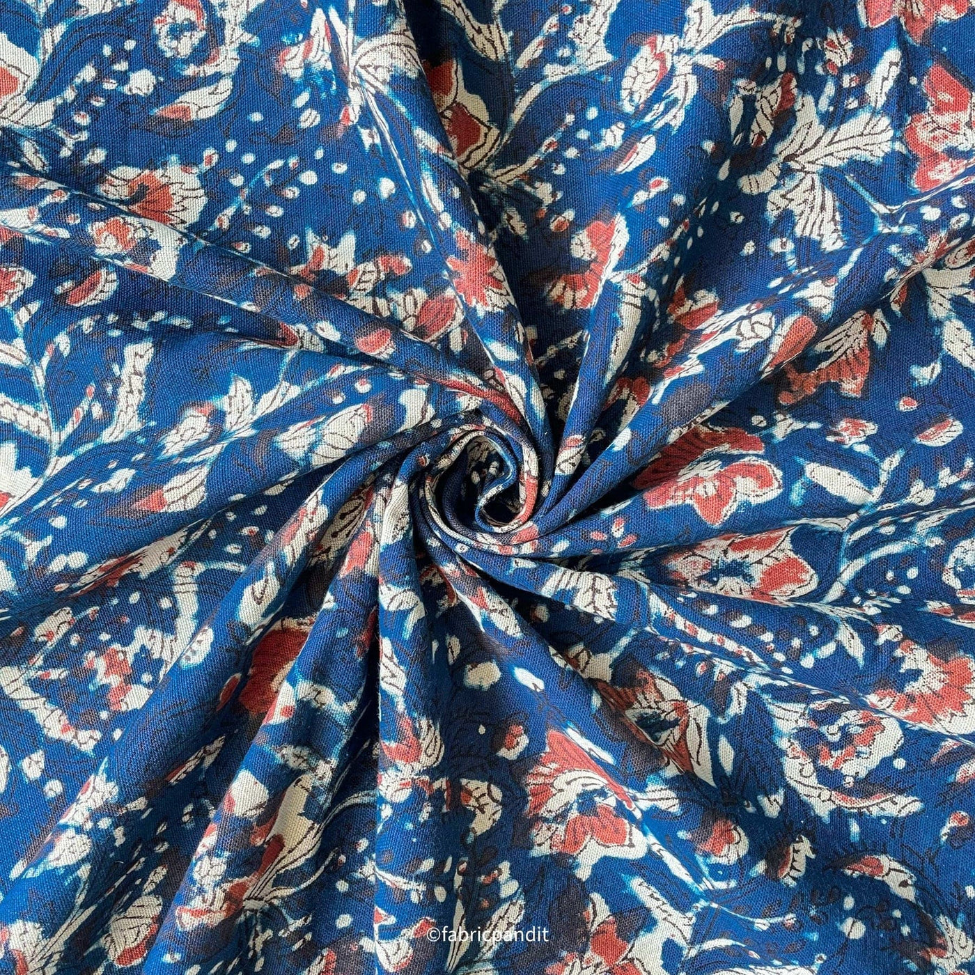Fabric Pandit Fabric Indigo Blue & Red Egyptian Floral Garden Hand Block Printed Pure Cotton Linen Fabric (Width 42 inches)