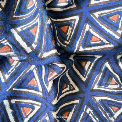Fabric Pandit Fabric Indigo Blue & Red Geometric Triangles Hand Block Printed Pure Cotton Linen Fabric (Width 42 inches)