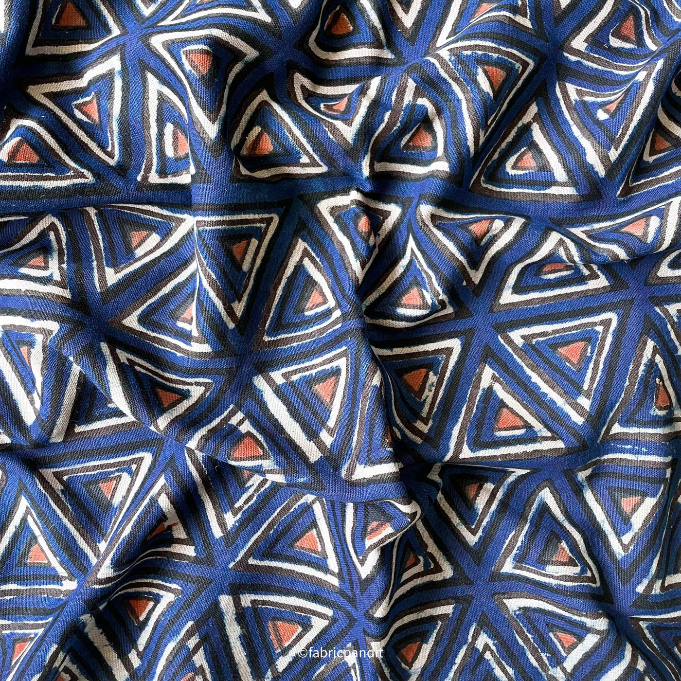 Fabric Pandit Fabric Indigo Blue & Red Geometric Triangles Hand Block Printed Pure Cotton Linen Fabric (Width 42 inches)