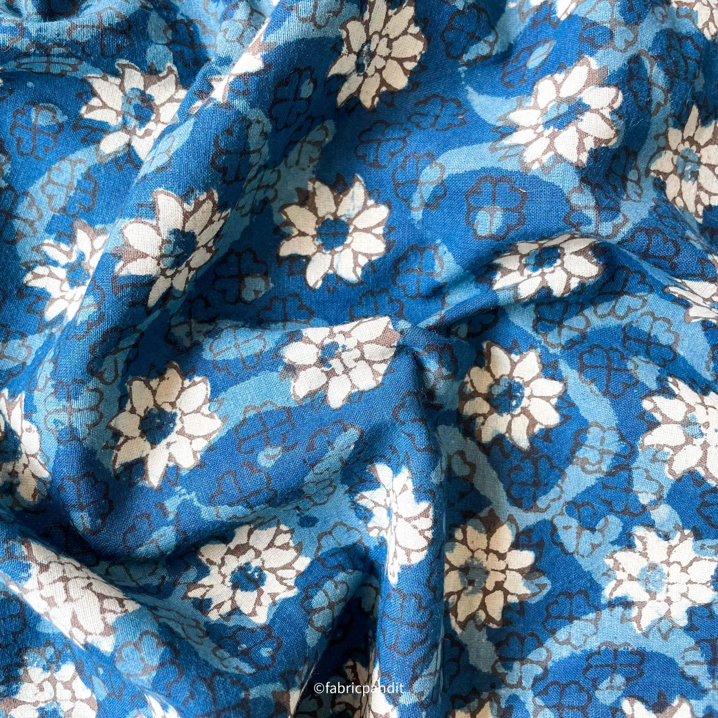 Fabric Pandit Fabric Indigo Dabu Natural Dyed Mini Floral Pattern Hand Block Printed Pure Cotton Fabric (Width 42 inches)