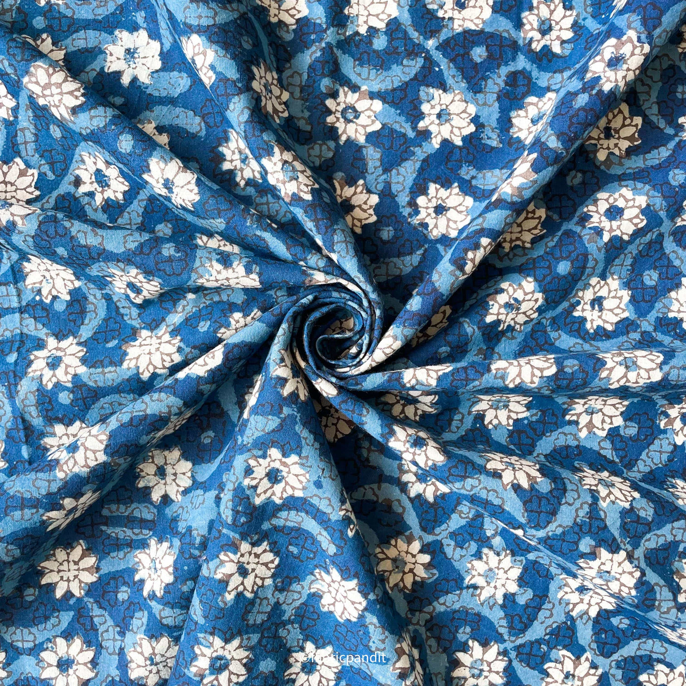 Fabric Pandit Fabric Indigo Dabu Natural Dyed Mini Floral Pattern Hand Block Printed Pure Cotton Fabric (Width 42 inches)