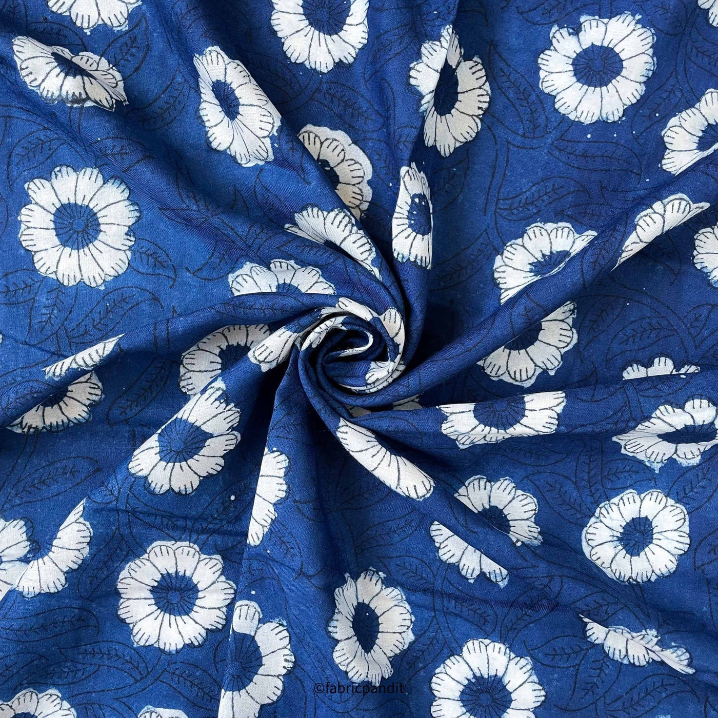 Fabric Pandit Fabric Indigo Dabu Natural Dyed Sunflower Farm Hand Block Printed Pure Cotton Modal Fabric (Width 42 inches)