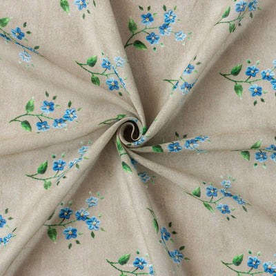 Fabric Pandit Fabric Khaki and Blue Flower Bunch Digital Printed Linen Neps Fabric (Width 44 Inches)