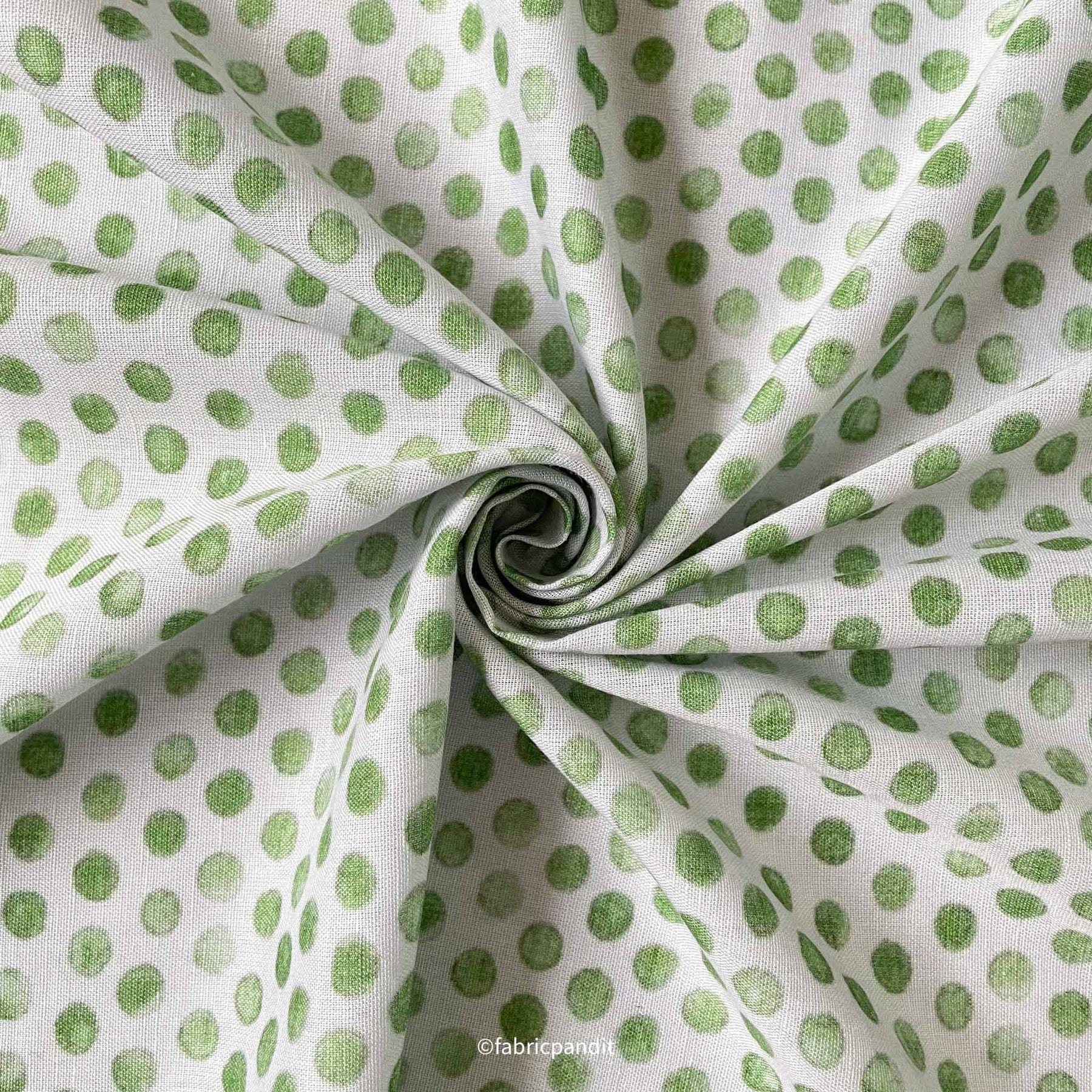 Fabric Pandit Fabric Light Green Polka Dots Digital Printed Pure Cotton Linen Fabric (Width 58 Inches)