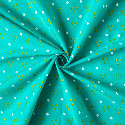 Fabric Pandit Fabric Light Turquoise and Yellow Dots and Triangles Bandhani Pattern Hand Block Printed Pure Cotton Fabric Width (43 inches)