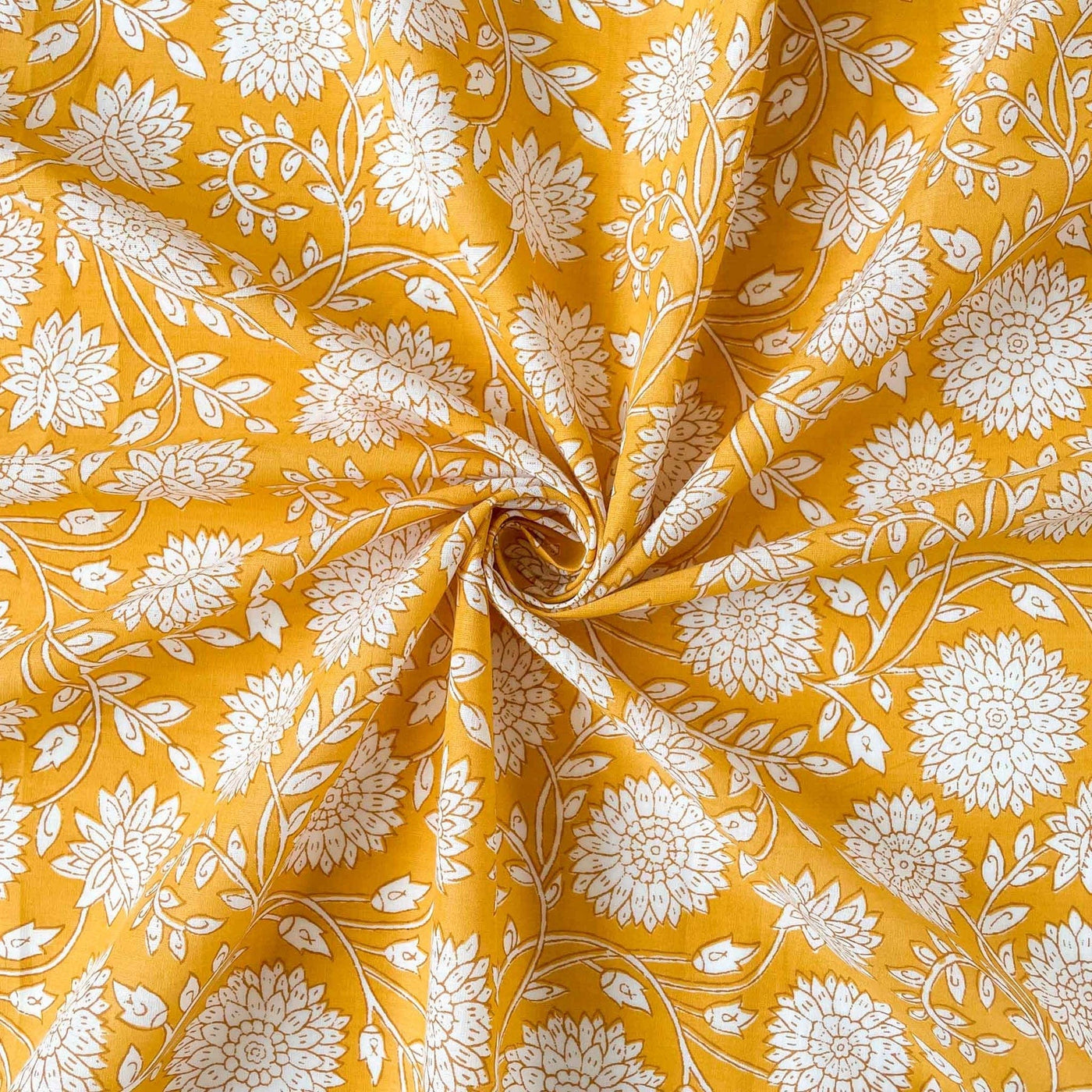 Fabric Pandit Fabric Light Yellow and White Foral All Over Hand Block Printed Pure Cotton Fabric (Width 43 inches)