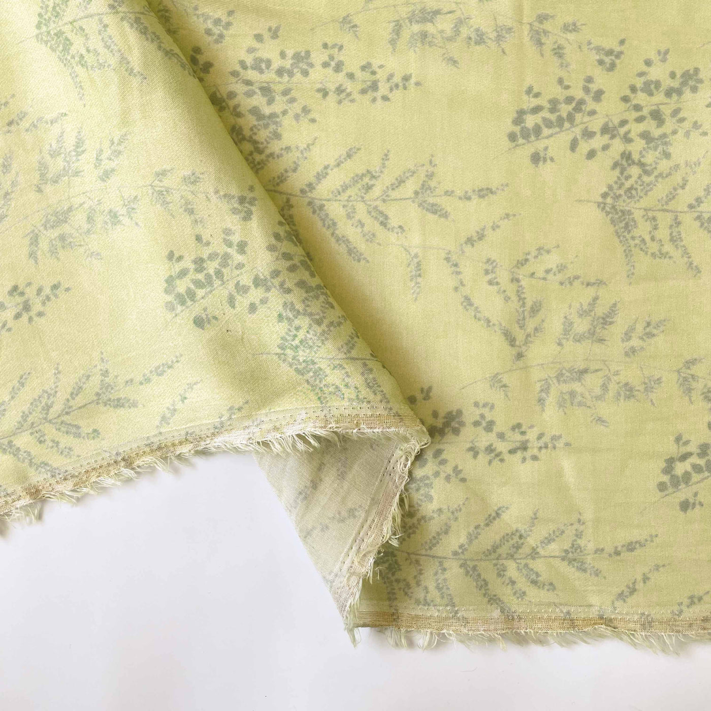 Fabric Pandit Fabric Lime Green Ferns and Petals Digital Printed Pure Muga Satin Fabric (Width 44 Inches)