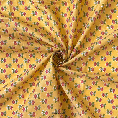 Fabric Pandit Fabric Mango Yellow and Peach Mini Lilies Hand Block Printed Pure Cotton Fabric (Width 42 inches)