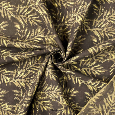Fabric Pandit Fabric Mud Brown and Green Forest Leaves Pure Ajrakh Natural Dyed Hand Block Printed Pure Cotton Fabric (Width 42 inches)