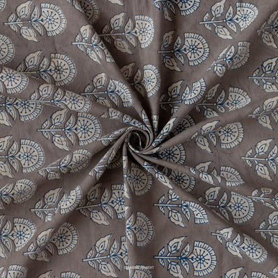 Fabric Pandit Fabric Mud Brown Egyptian Flowers Hand Block Printed Pure Cotton Fabric (Width 43 Inches)