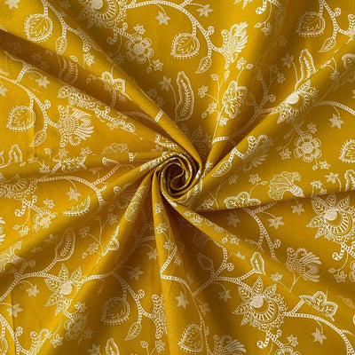 Fabric Pandit Fabric Mustard and White Abstract Floral Vines Hand Block Printed Pure Cotton Fabric Width (43 inches)