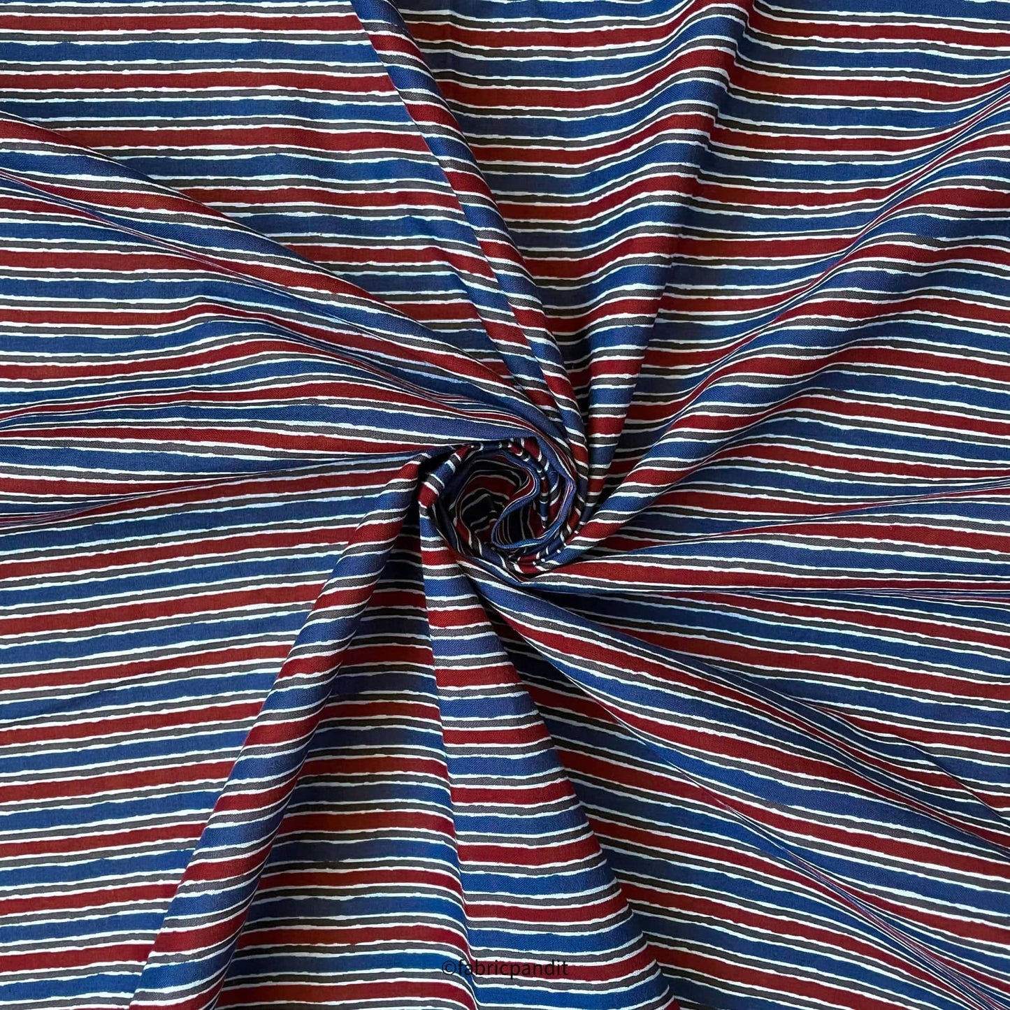 Fabric Pandit Fabric Navy Blue & Red Rough Stripes Hand Block Printed Pure Cotton Fabric (Width 42 inches)