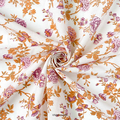 Fabric Pandit Fabric Ocher & Purple Rose Garden Hand Block Printed Pure Cotton Fabric (Width 42 inches)