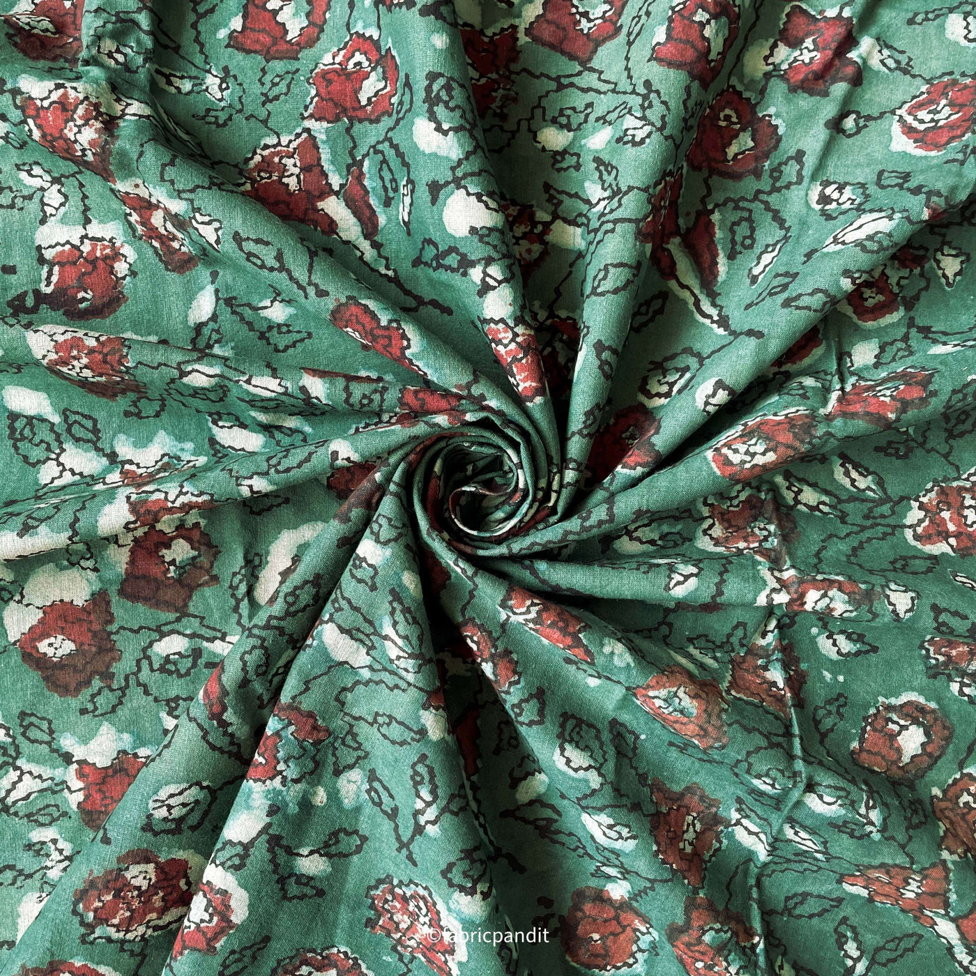 Fabric Pandit Fabric Olive Green & Red Abstract Floral Hand Block Printed Pure Cotton Fabric (Width 42 inches)