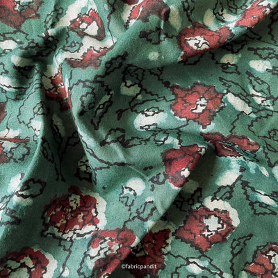 Fabric Pandit Fabric Olive Green & Red Abstract Floral Hand Block Printed Pure Cotton Fabric (Width 42 inches)