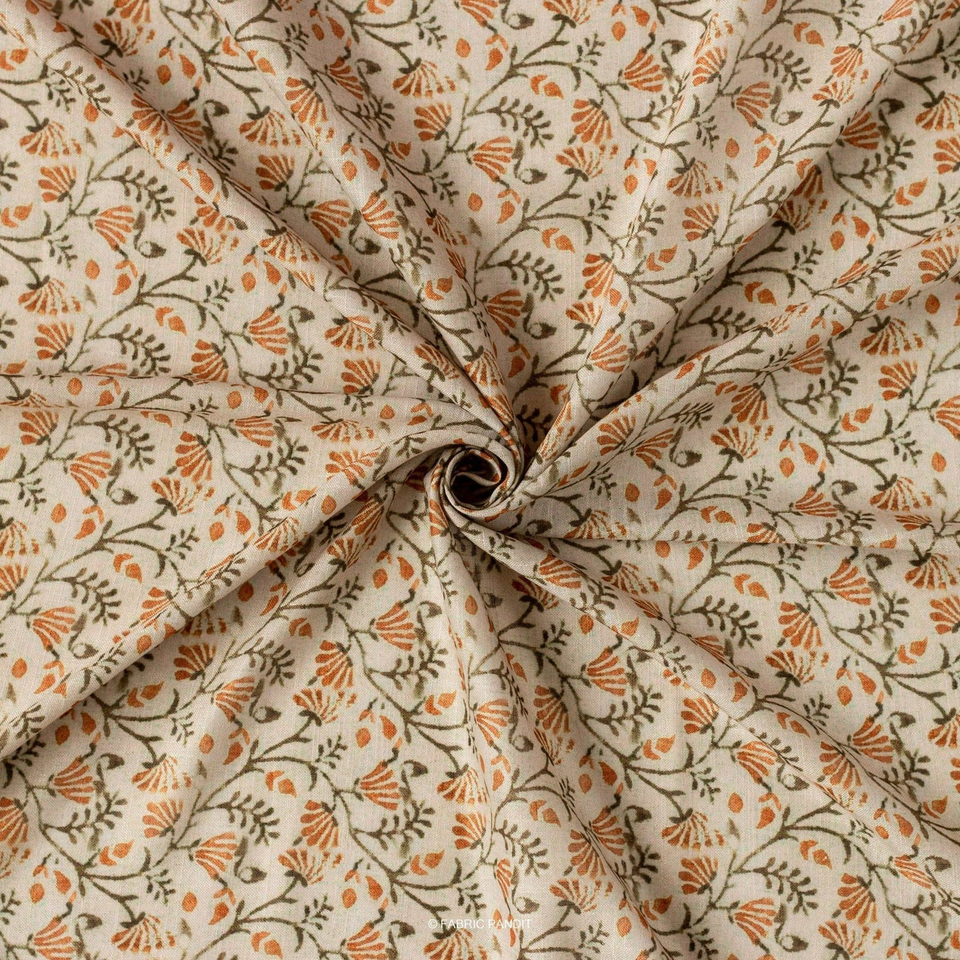 Fabric Pandit Fabric Orange And Khaki Continuous Floral Pattern Digital Printed Linen Fabric (Width 44 Inches)