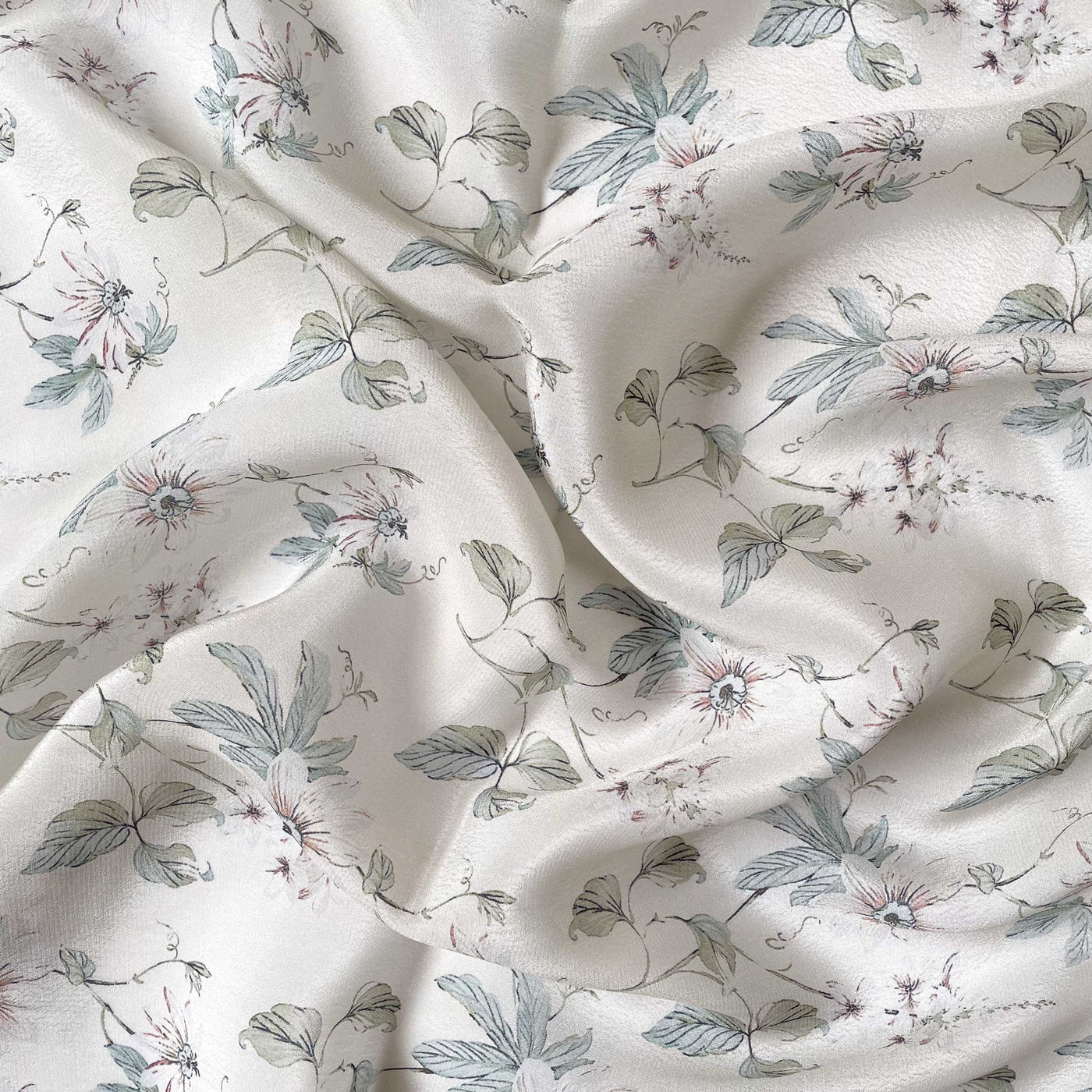 Fabric Pandit Fabric Pale White & Green Botanical Garden Digital Printed Pure Crepe Fabric (Width 43 Inches)