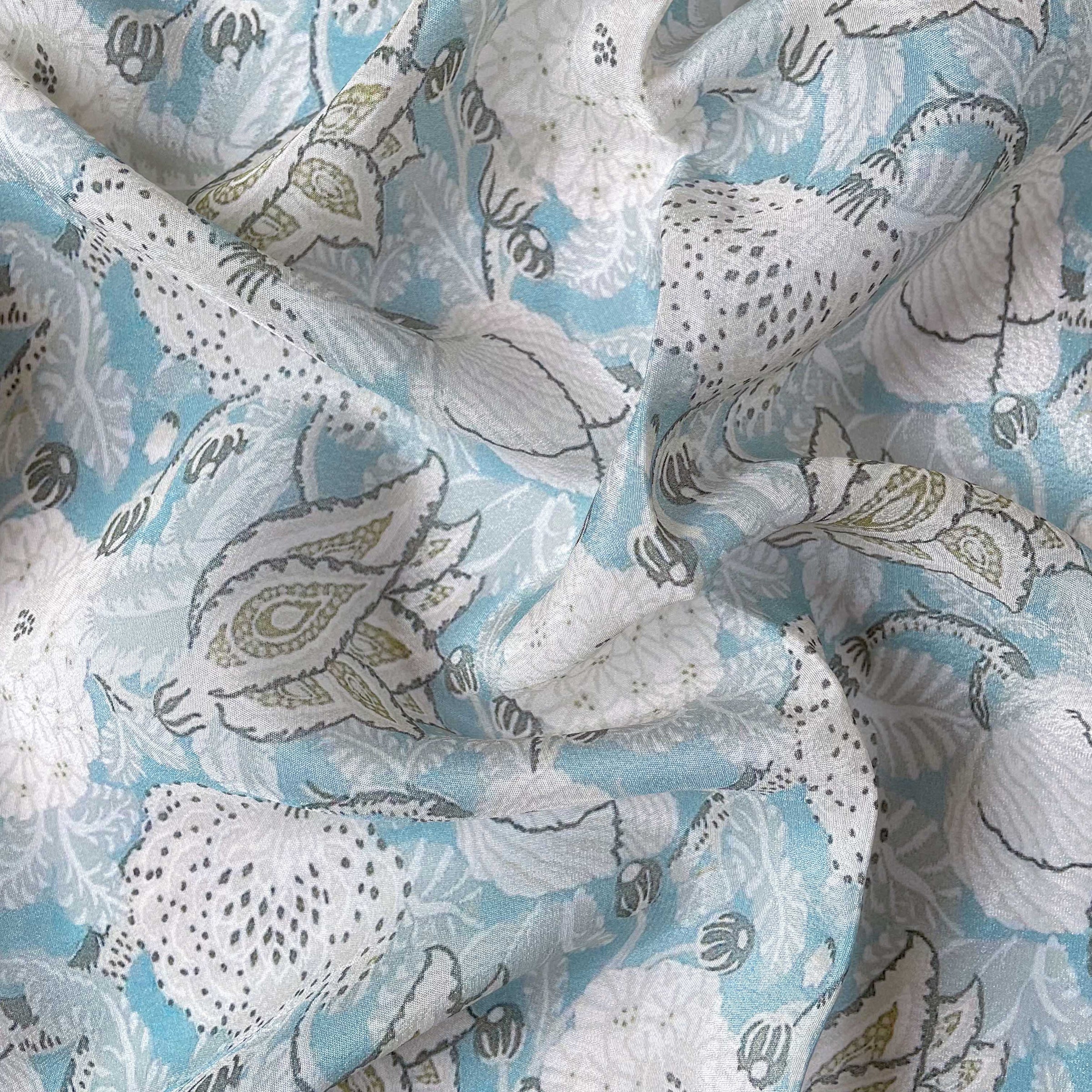 Fabric Pandit Fabric Pastel Blue and White Abstract Vintage Floral Digital Printed Pure Crepe Fabric (Width 43 Inches)
