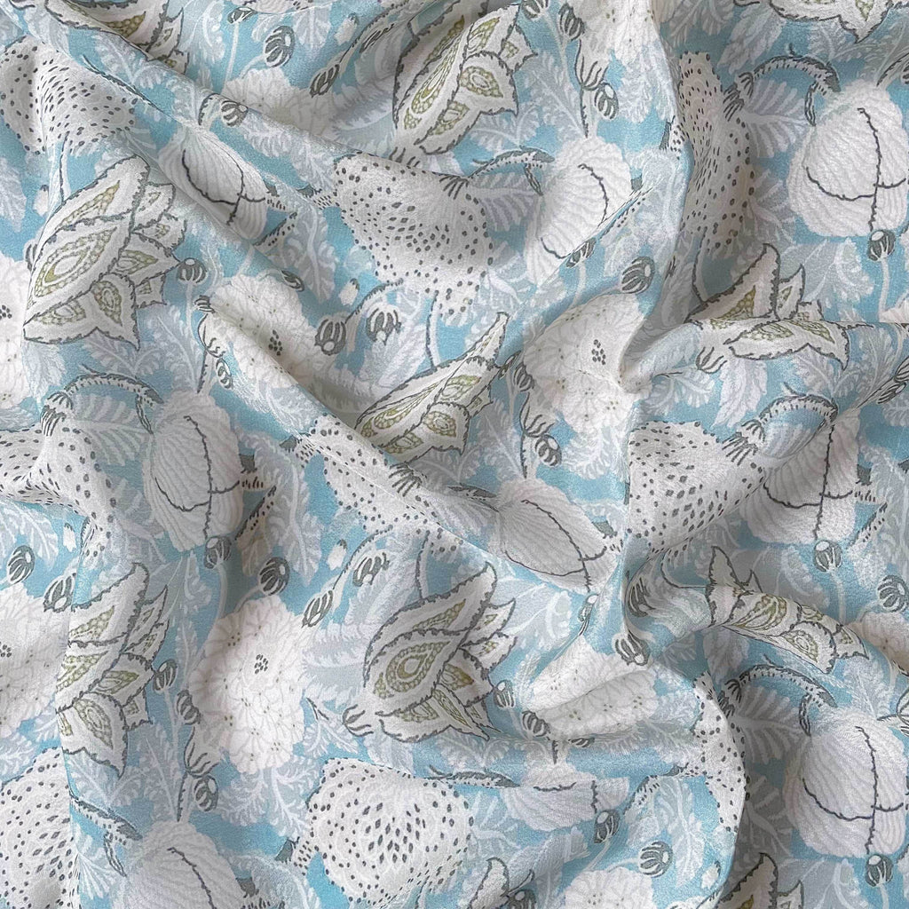 Fabric Pandit Fabric Pastel Blue and White Abstract Vintage Floral Digital Printed Pure Crepe Fabric (Width 43 Inches)