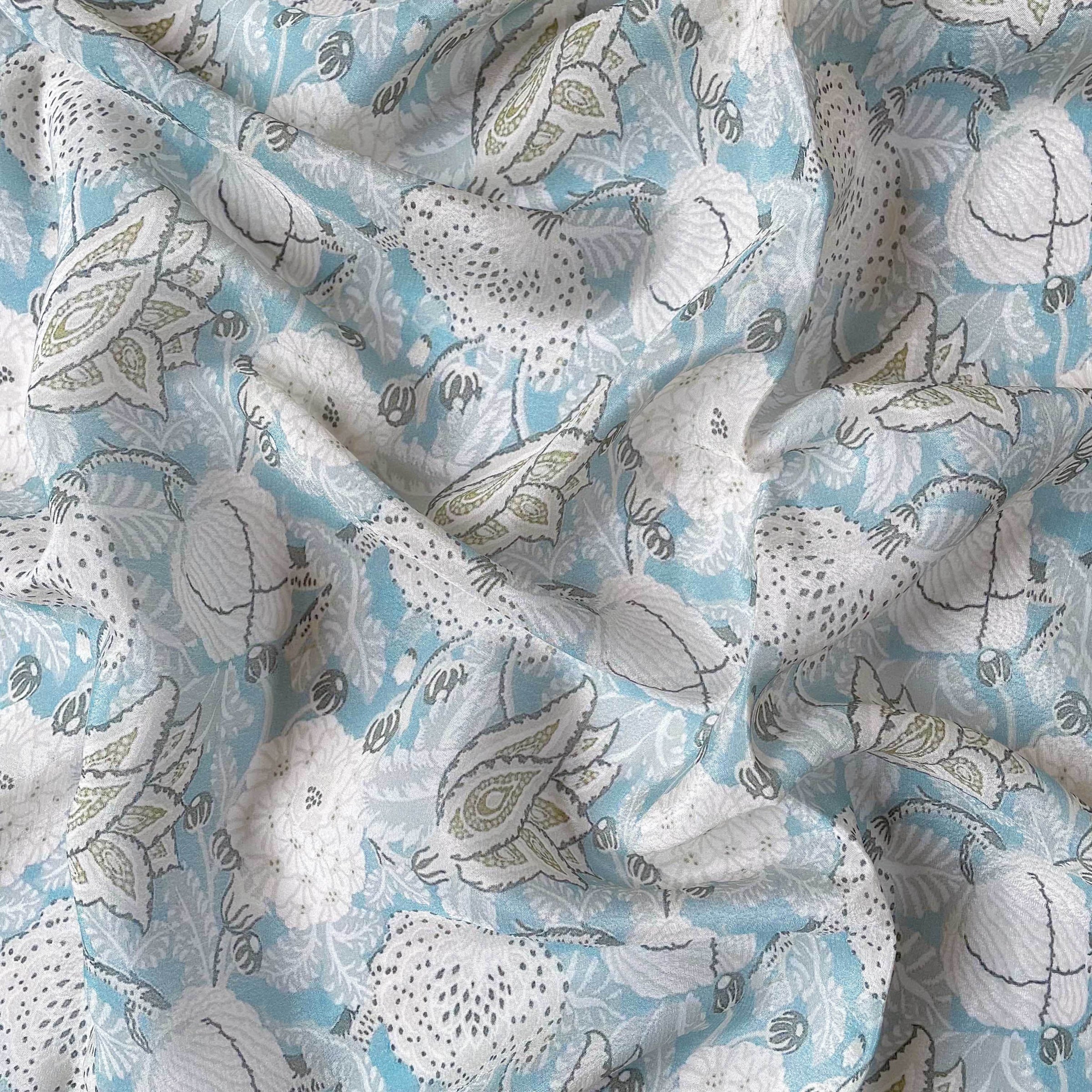 Fabric Pandit Fabric Pastel Blue and White Abstract Vintage Floral Digital Printed Pure Crepe Fabric (Width 43 Inches)