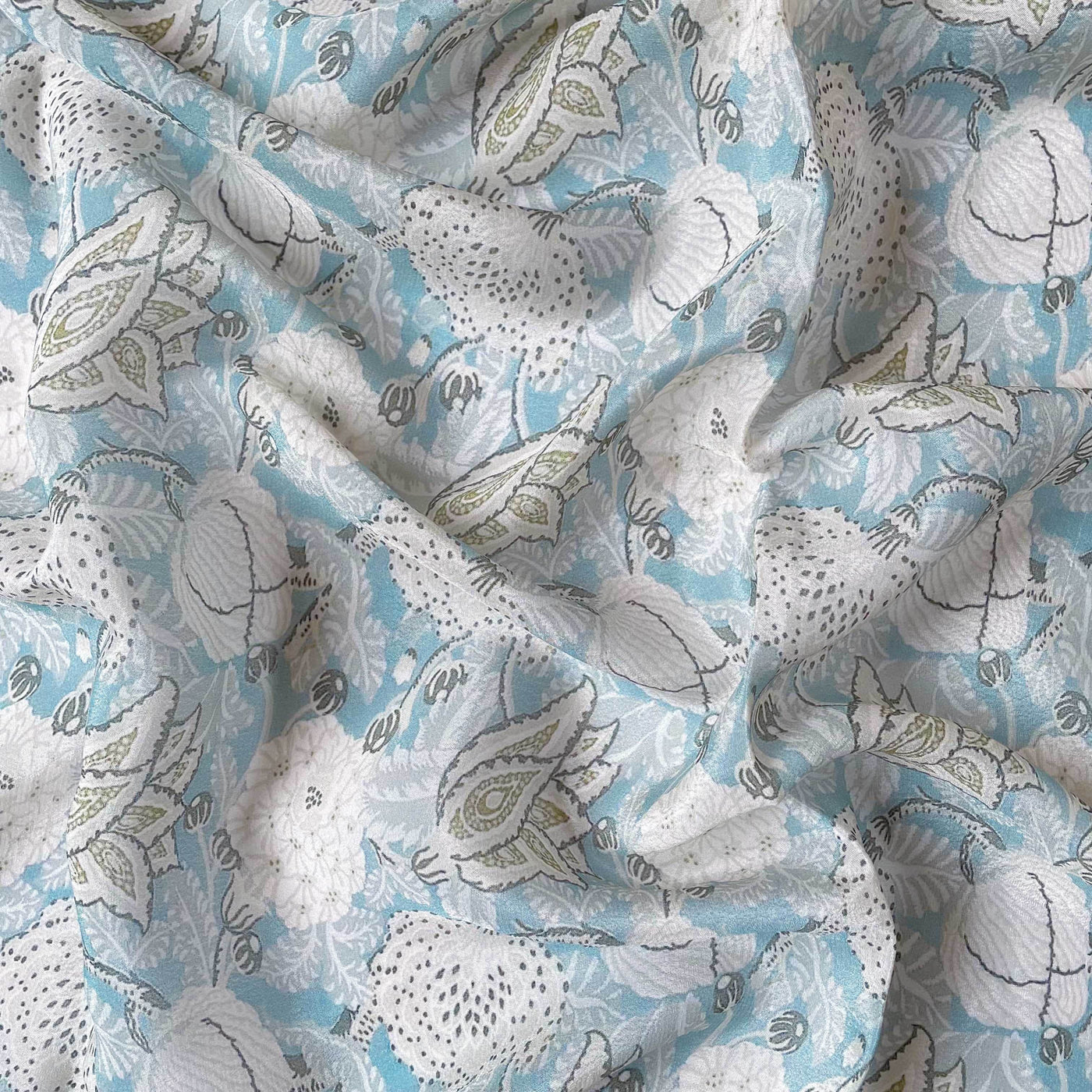 Fabric Pandit Fabric Pastel Blue and White Abstract Vintage Floral Digital Printed Pure Crepe Fabric (Width 43 Inches)