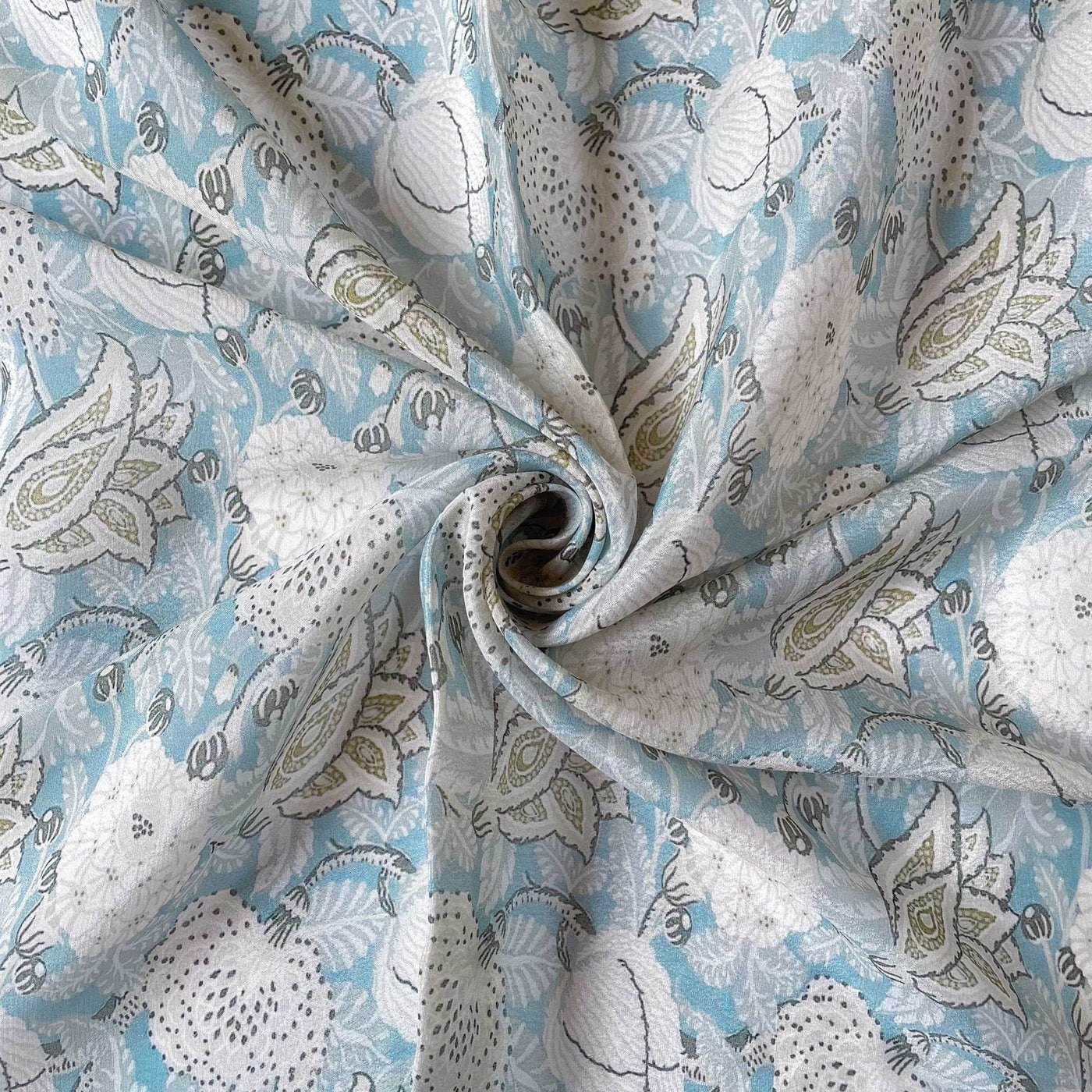 Fabric Pandit Fabric Pastel Blue and White Abstract Vintage Floral Digital Printed Pure Crepe Fabric (Width 43 Inches)