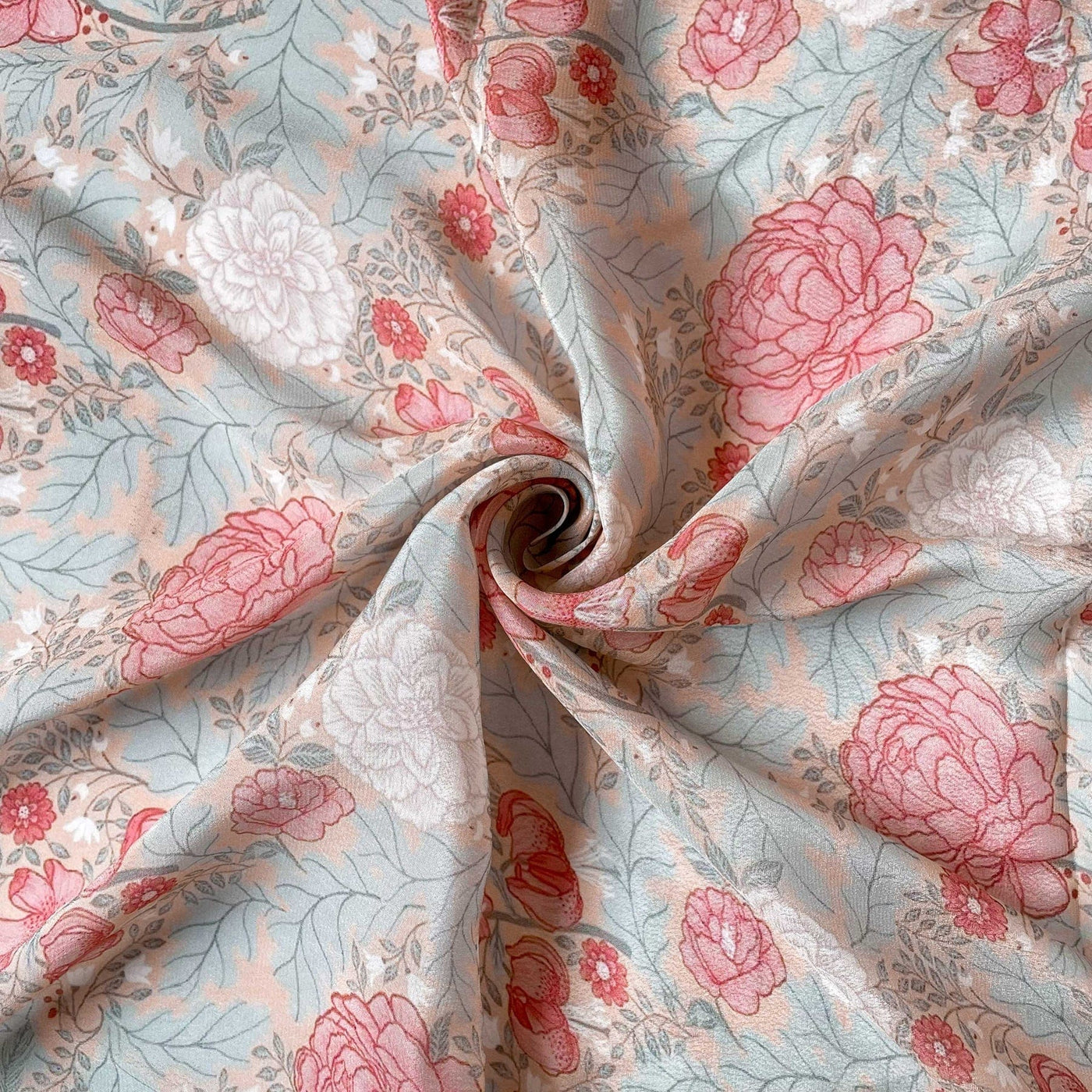 Fabric Pandit Fabric Peach Rose and Blue Garden of Roses Digital Printed Pure Crepe Fabric (Width 43 Inches)
