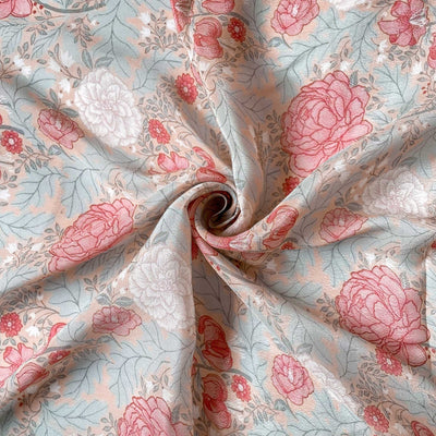 Fabric Pandit Fabric Peach Rose and Blue Garden of Roses Digital Printed Pure Crepe Fabric (Width 43 Inches)