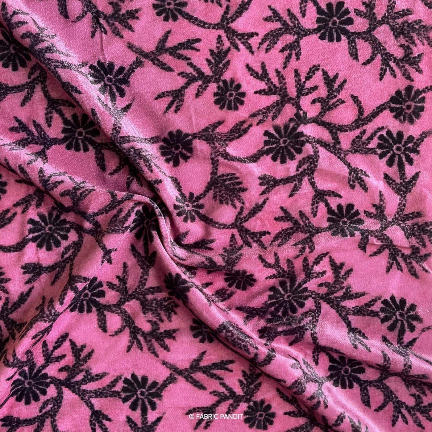 Fabric Pandit Fabric Pink And Black Floral Kantha Digital Print Pure Velvet Fabric (Width 44 Inches)