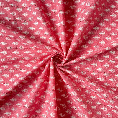 Fabric Pandit Fabric Pink and White Abstract Floral Hand Block Printed Sequence Embroidered Pure Cotton Fabric (Width 42 Inches)