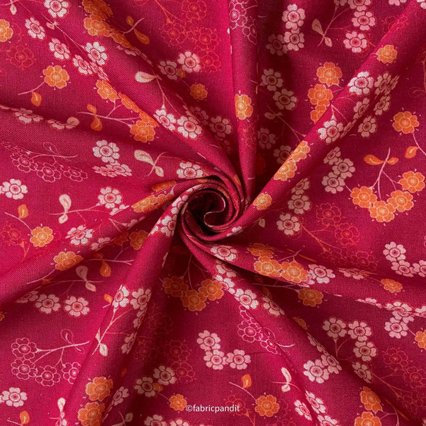 Fabric Pandit Fabric Raspberry Pink & Orange Meadow of Flowers Textured Digital Printed Pure Cotton Linen Fabric (Width 58 Inches)