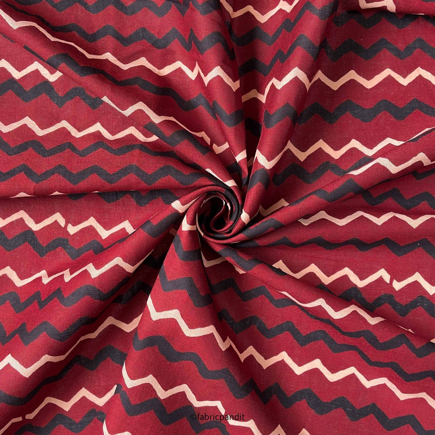 Fabric Pandit Fabric Red & Black Zig- Zag Pattern Hand Block Printed Pure Cotton Fabric (Width 42 inches)
