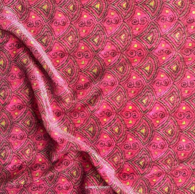 Fabric Pandit Fabric Rose Pink Geometric Kantha Digital Print Pure Velvet Fabric (Width 44 Inches)