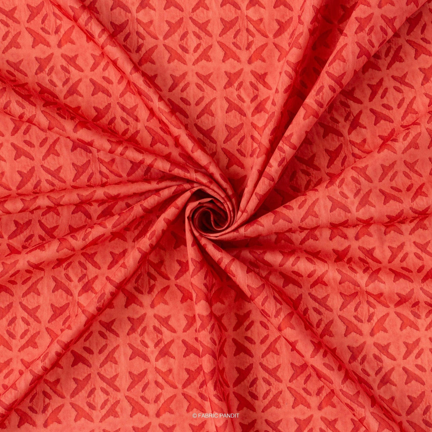 Fabric Pandit Fabric Salmon Red Criss-Cross Applique Pattern Digital Printed Muslin Fabric (Width 44 Inches)