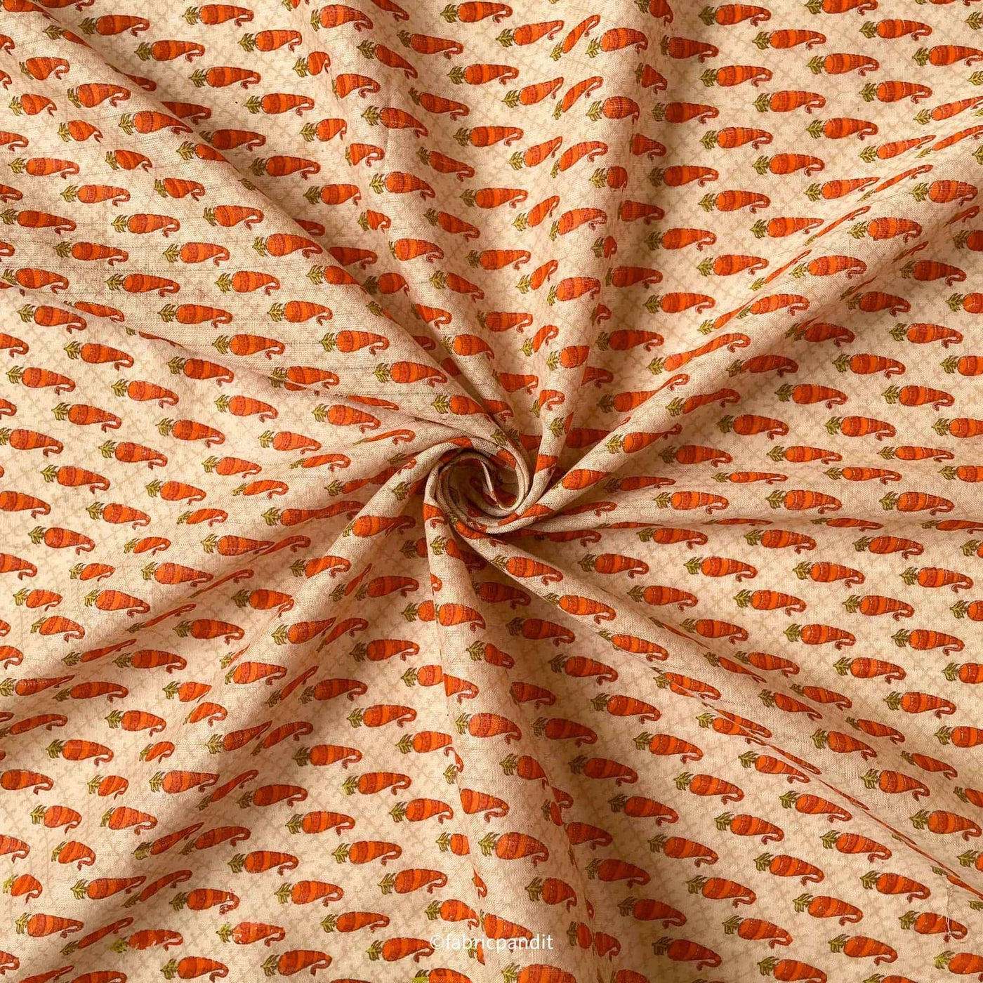 Fabric Pandit Fabric Soft Gold & Orange Abstract Paisely Hand Block Printed Pure Cotton Denting Fabric (Width 43 Inches)