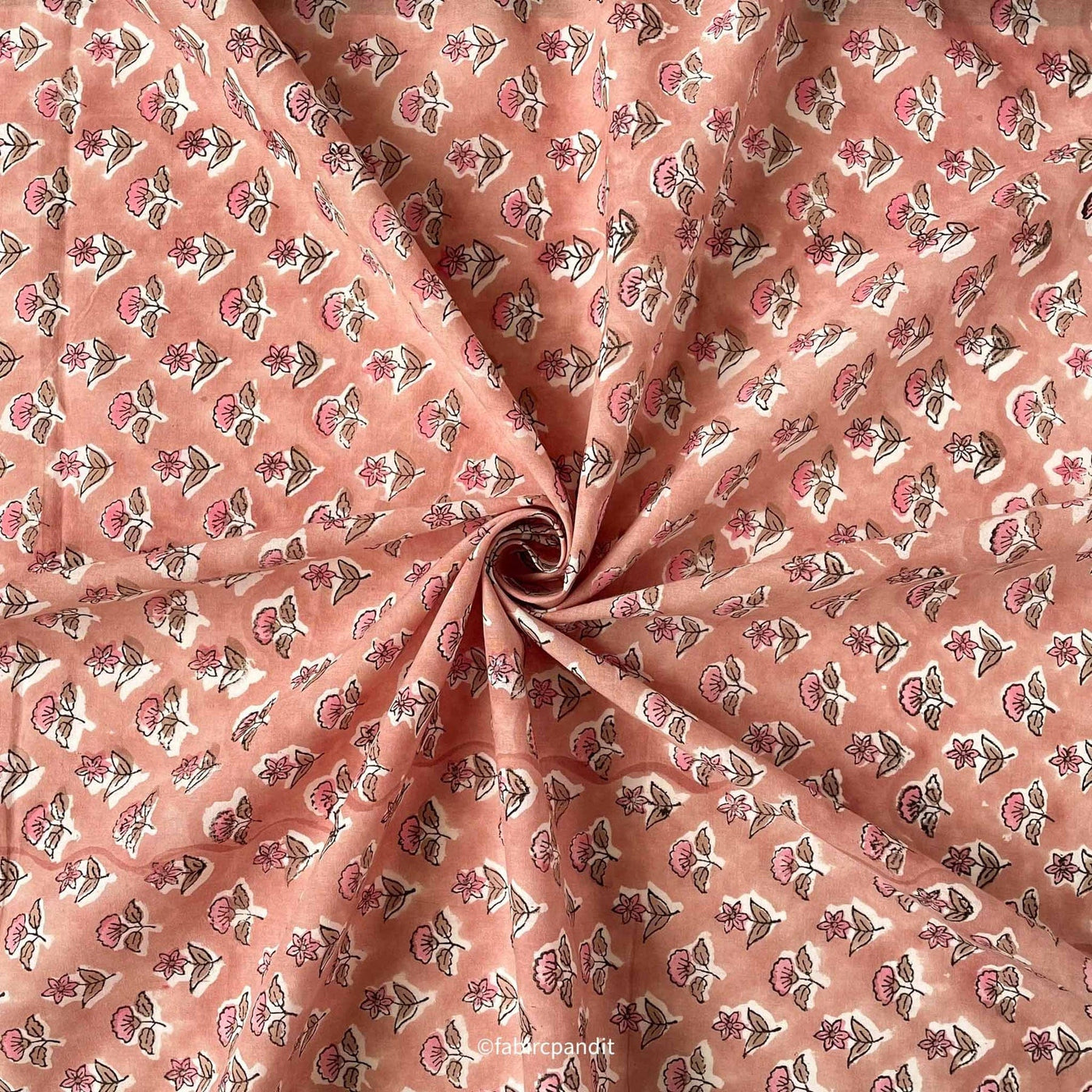 Fabric Pandit Fabric Soft Peach Mughal Flower Pattern Hand Block Printed Pure Cotton Fabric (Width 43 inches)