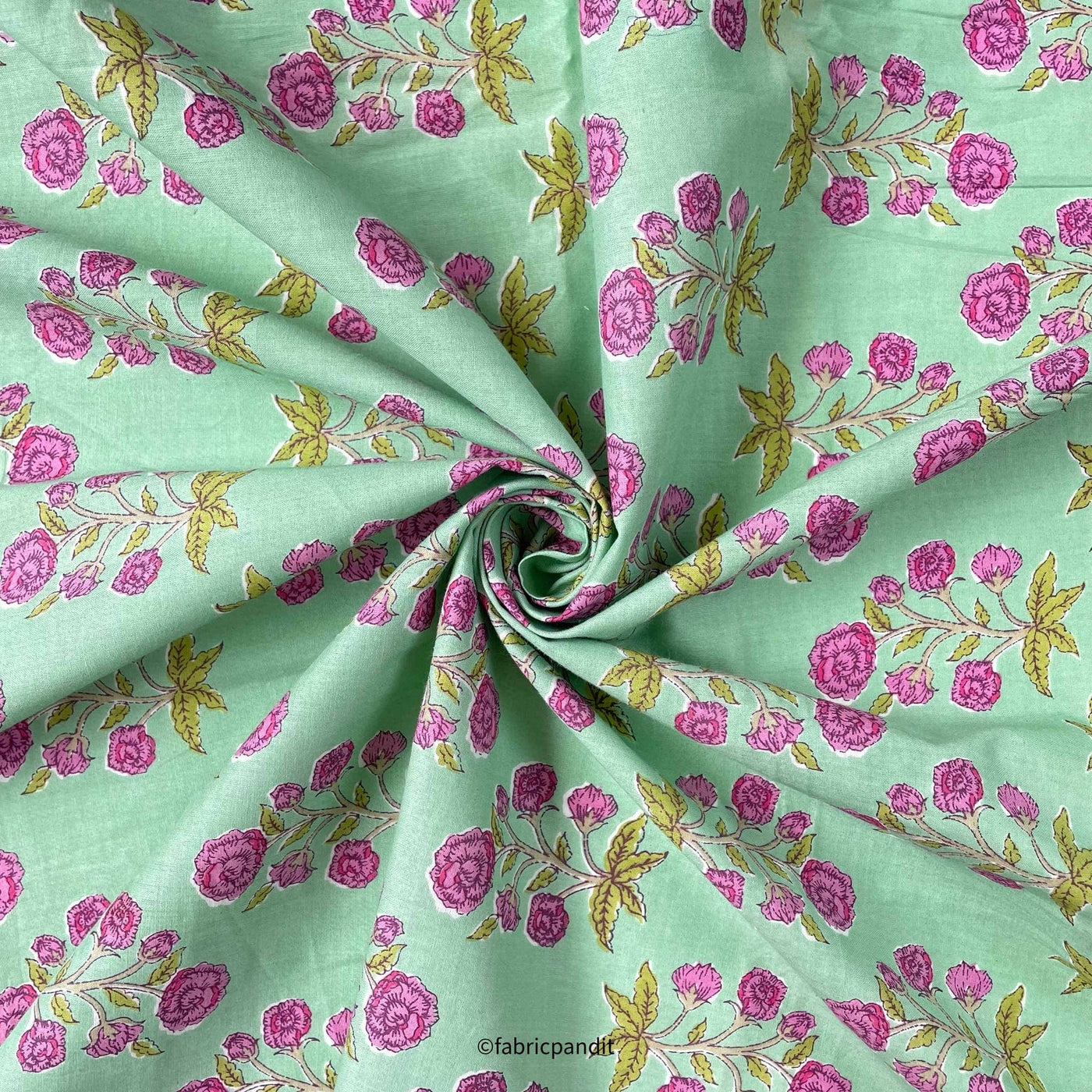 Fabric Pandit Fabric Turquoise & Magenta Floral Bunch Hand Block Printed Pure Cotton Fabric (Width 42 inches)