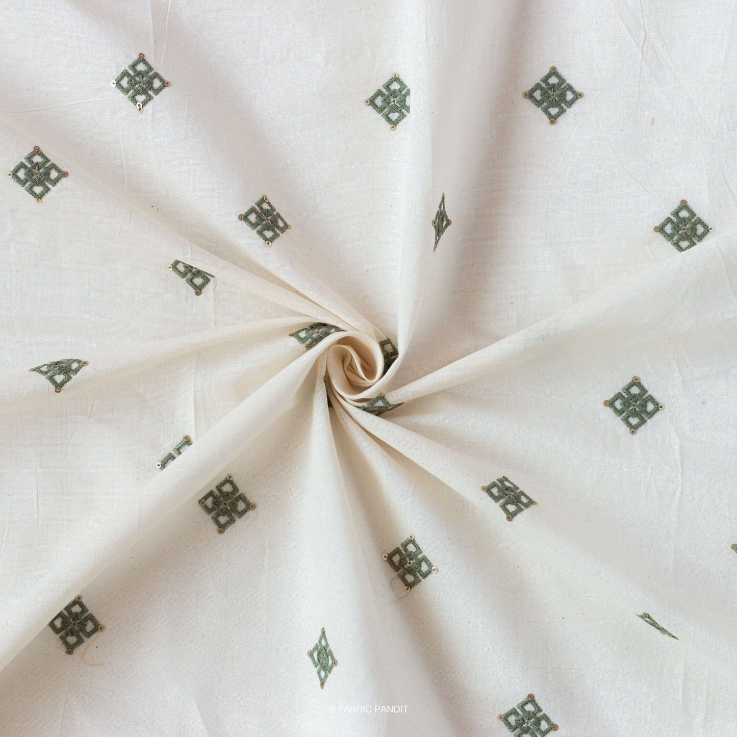 Fabric Pandit Fabric White & Green Embroidered Geometric Pure Cotton Fabric (Width 46 inches)