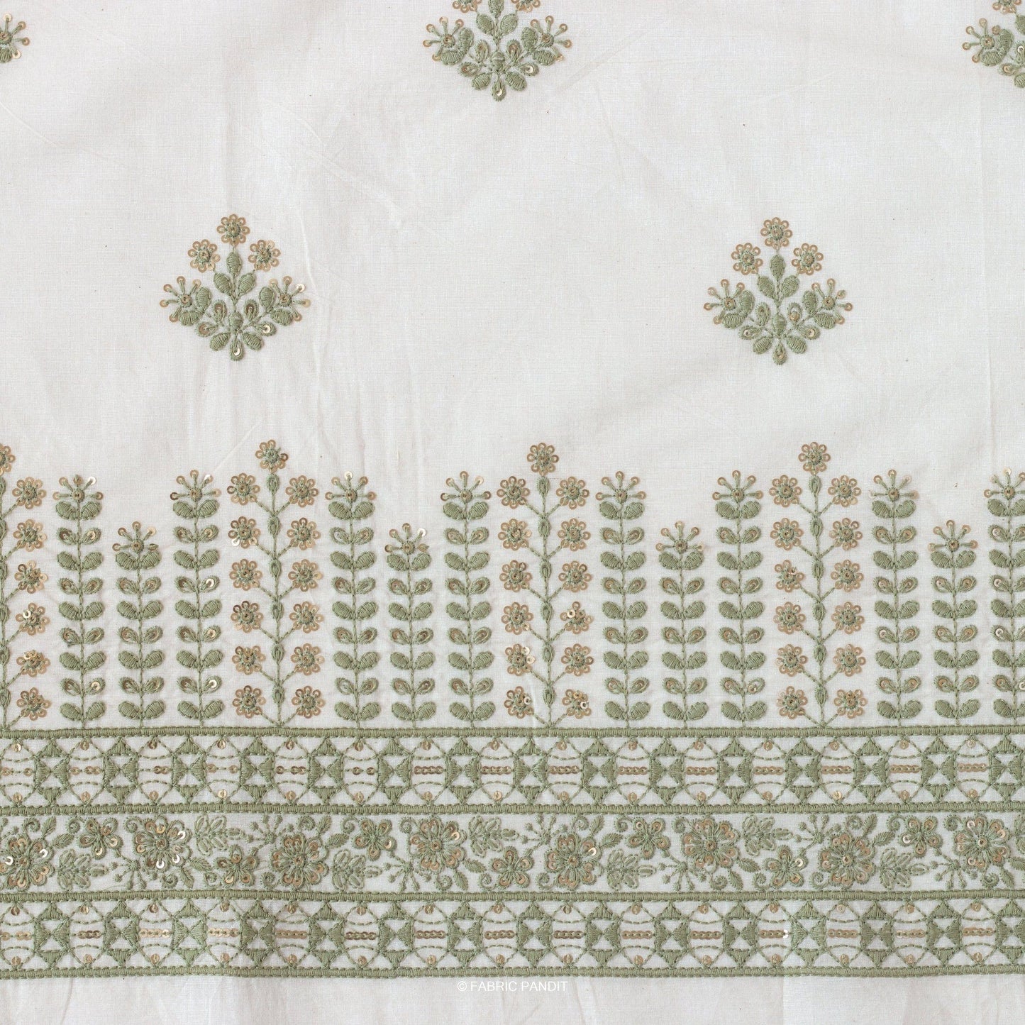 Fabric Pandit Fabric White & Light Green Embroidered Flower Garden Pure Cotton Fabric (Width 46 inches)