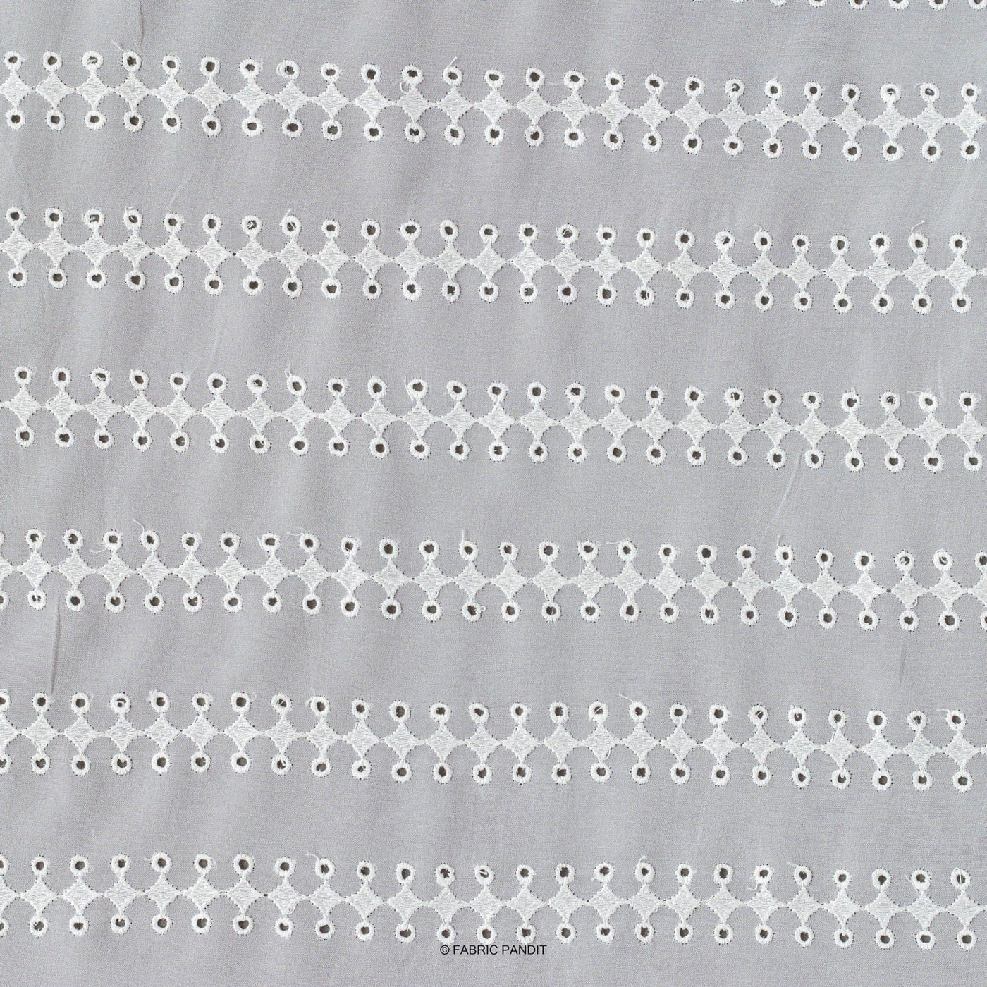 Fabric Pandit Fabric White Schifili Embroidered Diamond Stripes Borer Pattern Pure Georgette Fabric (Width 44 inches)