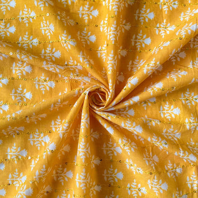 Fabric Pandit Fabric Yellow & White Royal Tulip Hand Block Printed Sequence Embroidered Pure Cotton Fabric (Width 42 Inches)