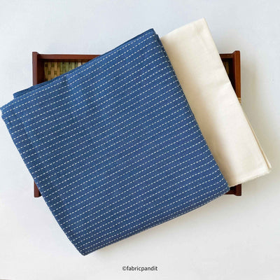 Fabric Pandit Kurta Set Denim Blue & Off - White Kantha Stripes | Woven Pure Cotton Kurta Fabric (3 Meters) | and Cotton Pyjama (2.5 Meters) | Unstitched Combo Set