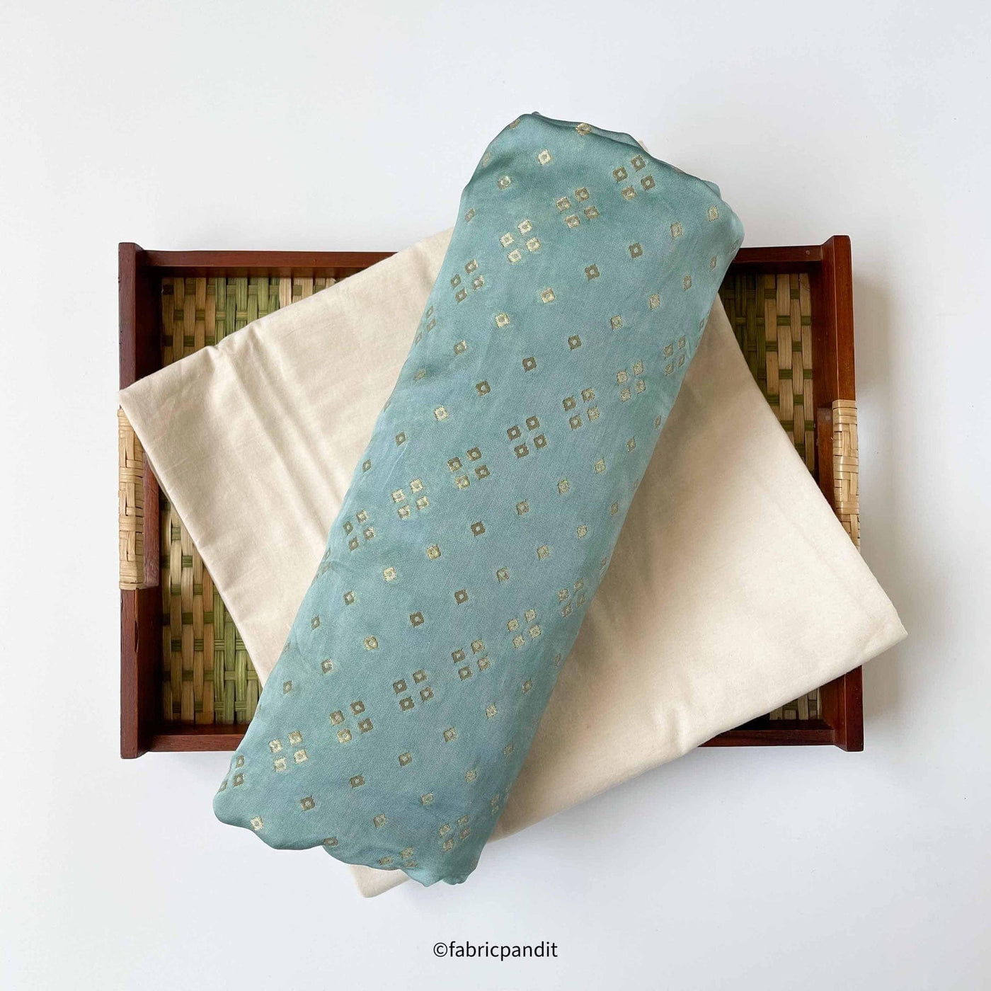 Fabric Pandit Kurta Set Dusty Blue Bandhani In Gold | Organza Satin Kurta Fabric (3 Meters) | and Cotton Pyjama (2.5 Meters) | Unstitched Combo Set