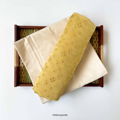 Fabric Pandit Kurta Set Golden Yellow Bandhani In Gold | Organza Satin Kurta Fabric (3 Meters) | and Cotton Pyjama (2.5 Meters) | Unstitched Combo Set